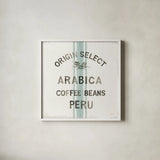 Wake Me Up Coffee Sack I by Danhui Nai. Shown in a crisp white glass frame for a clean and minimalist style. Available as an archival giclee rolled canvas, fine art paper, or poster print. SKU 58859a.