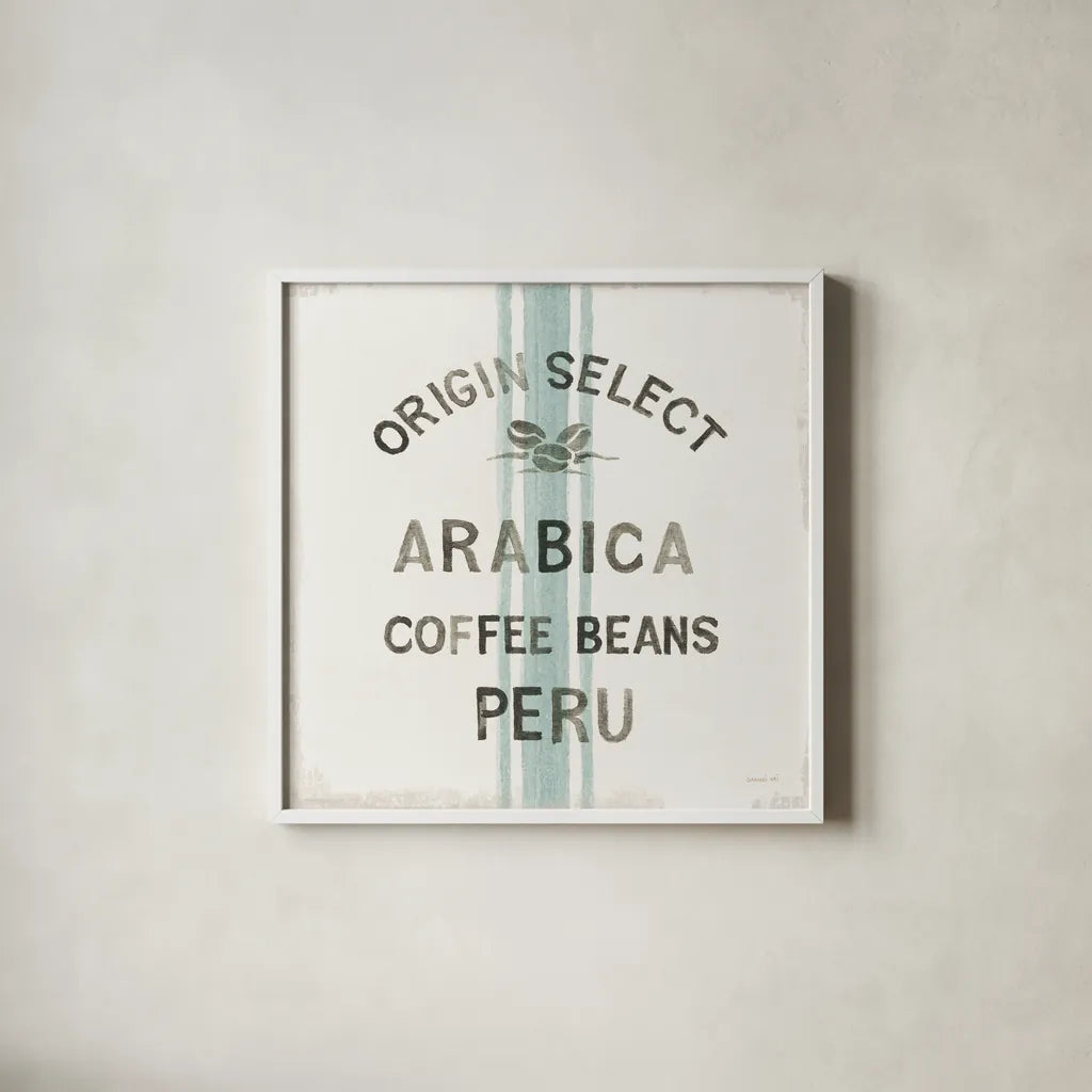 Wake Me Up Coffee Sack I by Danhui Nai. Shown in a crisp white glass frame for a clean and minimalist style. Available as an archival giclee rolled canvas, fine art paper, or poster print. SKU 58859a.