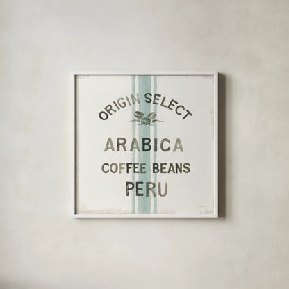 Wake Me Up Coffee Sack I by Danhui Nai. Shown in a crisp white glass frame for a clean and minimalist style. Available as an archival giclee rolled canvas, fine art paper, or poster print. SKU 58859a.