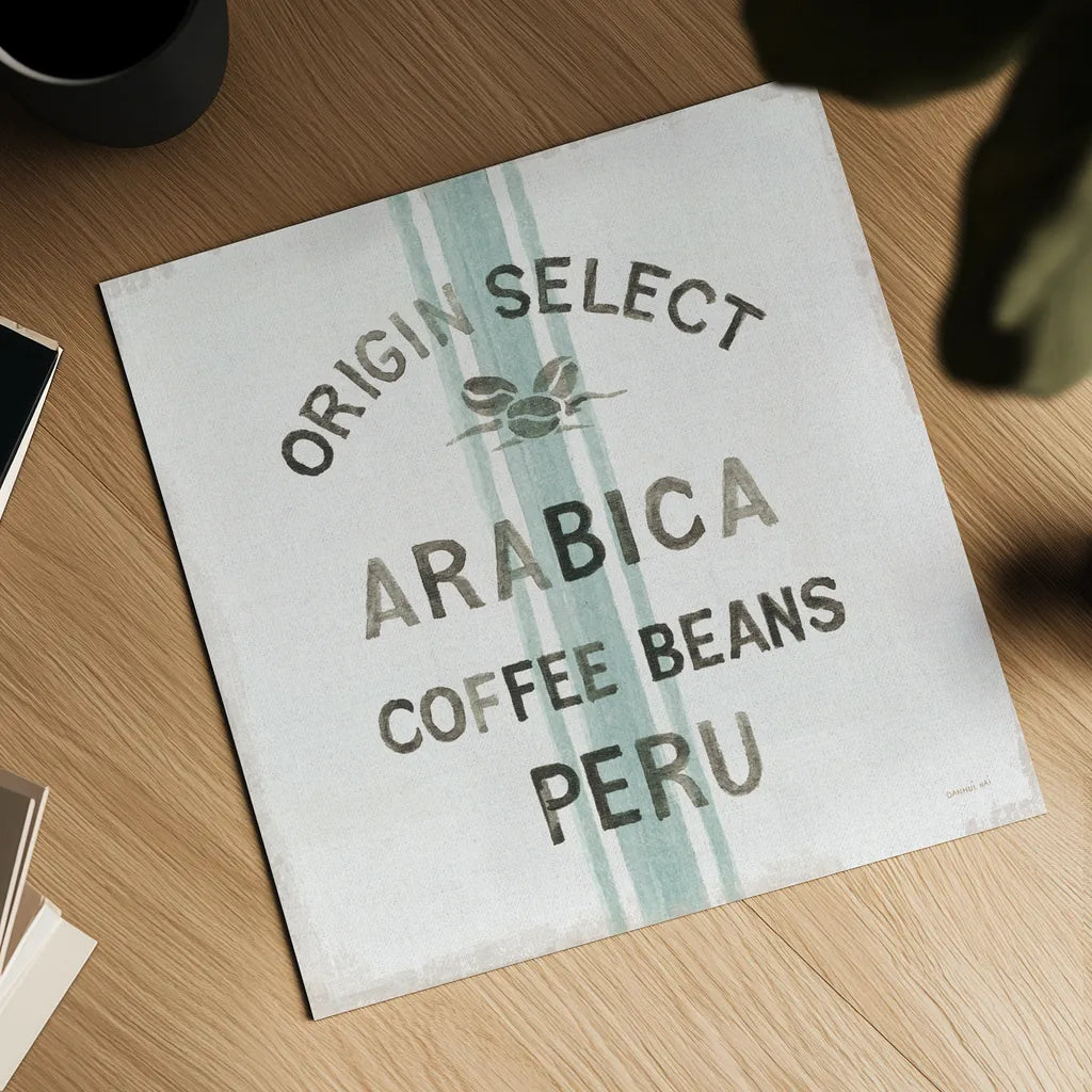 Wake Me Up Coffee Sack I Linen by Danhui Nai. Shown as a detailed flat fine art print, highlighting archival giclee quality. Available as an archival giclee rolled canvas, fine art paper, or poster print. SKU 61327a.