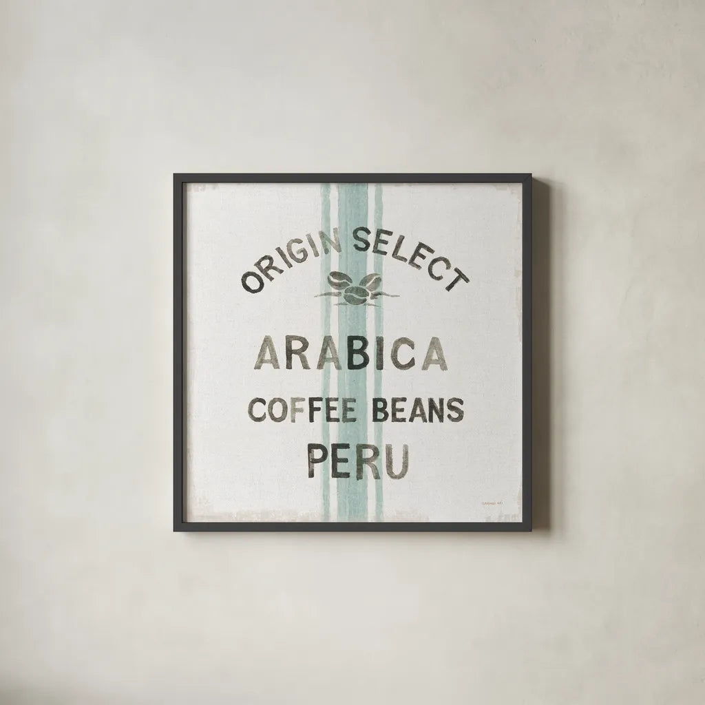 Wake Me Up Coffee Sack I Linen by Danhui Nai. Shown in a sleek black glass frame for a contemporary gallery look. Available as an archival giclee rolled canvas, fine art paper, or poster print. SKU 61327a.