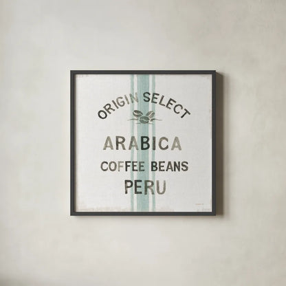 Wake Me Up Coffee Sack I Linen by Danhui Nai. Shown in a sleek black glass frame for a contemporary gallery look. Available as an archival giclee rolled canvas, fine art paper, or poster print. SKU 61327a.