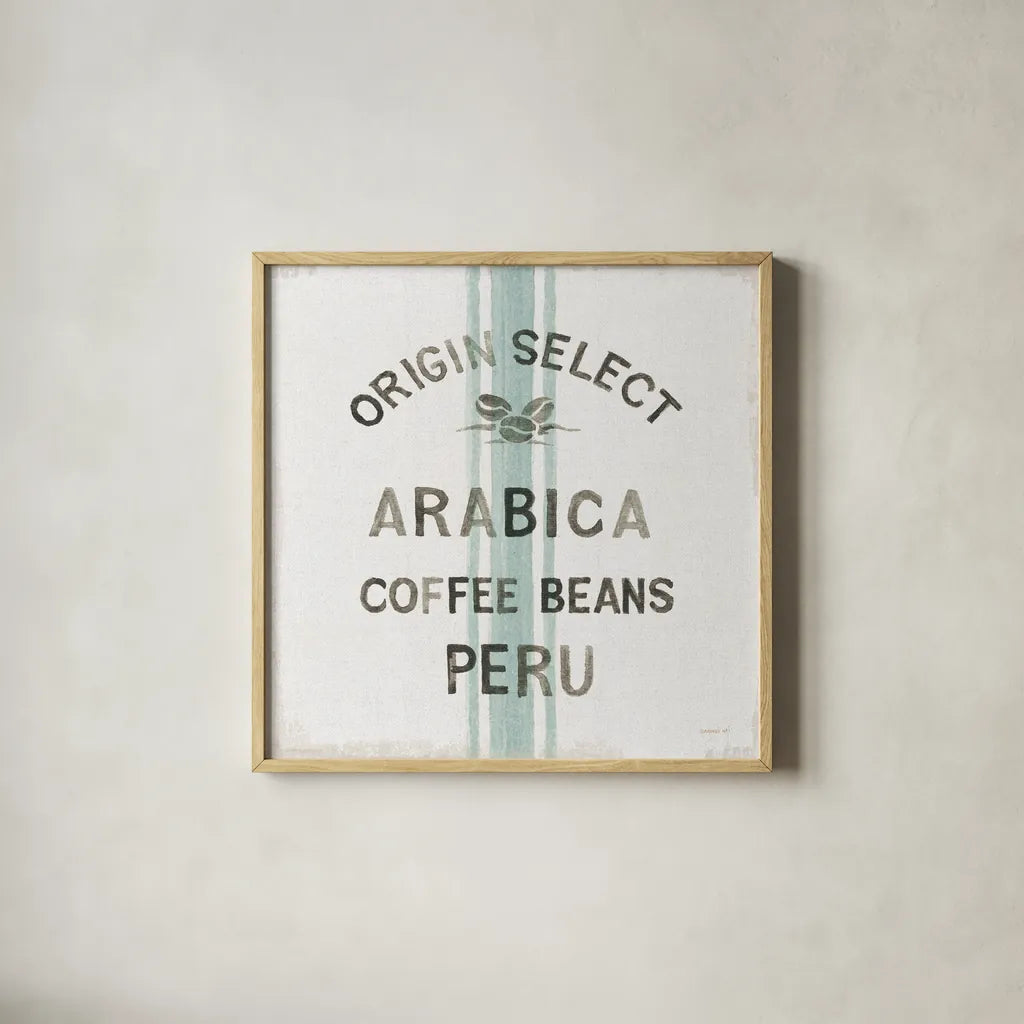 Wake Me Up Coffee Sack I Linen by Danhui Nai. Shown in a natural wood glass frame for a timeless modern aesthetic. Available as an archival giclee rolled canvas, fine art paper, or poster print. SKU 61327a.