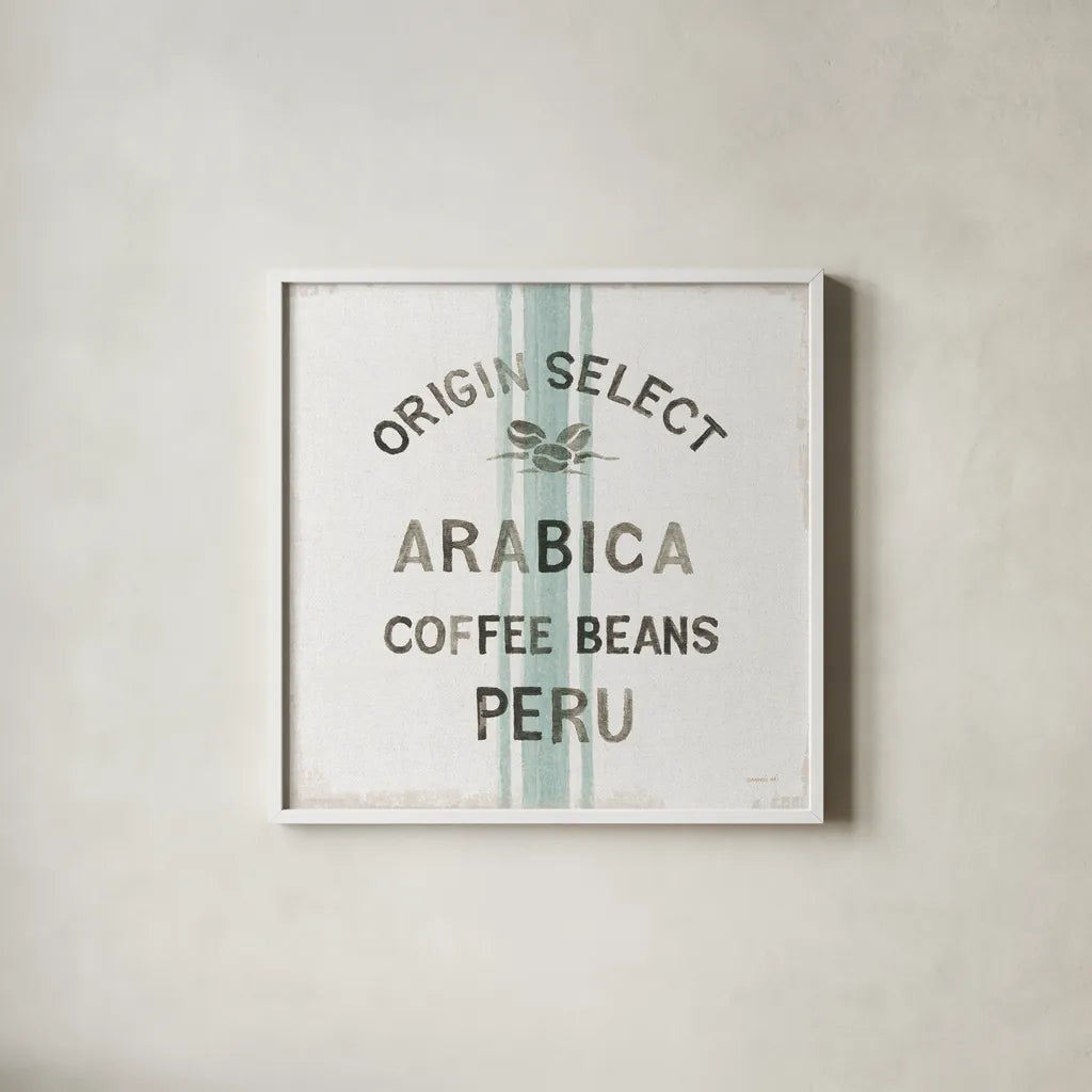 Wake Me Up Coffee Sack I Linen by Danhui Nai. Shown in a crisp white glass frame for a clean and minimalist style. Available as an archival giclee rolled canvas, fine art paper, or poster print. SKU 61327a.