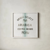 Wake Me Up Coffee Sack I Linen by Danhui Nai. Shown in a crisp white glass frame for a clean and minimalist style. Available as an archival giclee rolled canvas, fine art paper, or poster print. SKU 61327a.