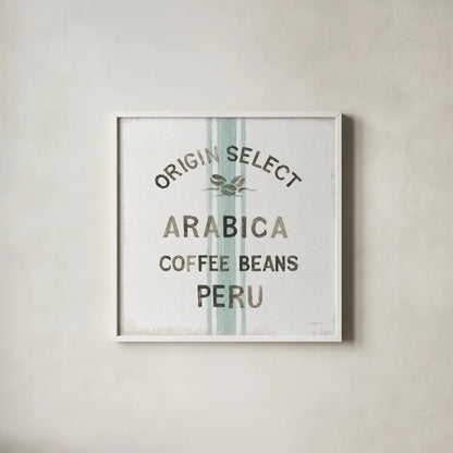 Wake Me Up Coffee Sack I Linen by Danhui Nai. Shown in a crisp white glass frame for a clean and minimalist style. Available as an archival giclee rolled canvas, fine art paper, or poster print. SKU 61327a.