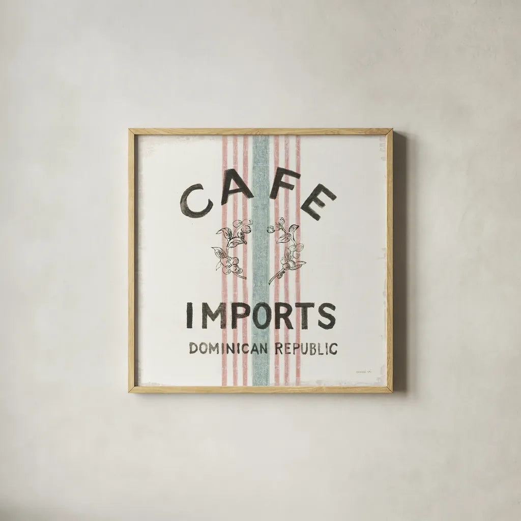 Wake Me Up Coffee Sack II by Danhui Nai. Shown in a natural wood glass frame for a timeless modern aesthetic. Available as an archival giclee rolled canvas, fine art paper, or poster print. SKU 58860a.