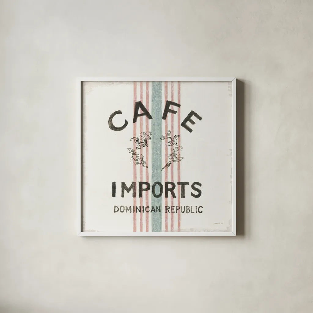 Wake Me Up Coffee Sack II by Danhui Nai. Shown in a crisp white glass frame for a clean and minimalist style. Available as an archival giclee rolled canvas, fine art paper, or poster print. SKU 58860a.