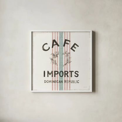 Wake Me Up Coffee Sack II by Danhui Nai. Shown in a crisp white glass frame for a clean and minimalist style. Available as an archival giclee rolled canvas, fine art paper, or poster print. SKU 58860a.