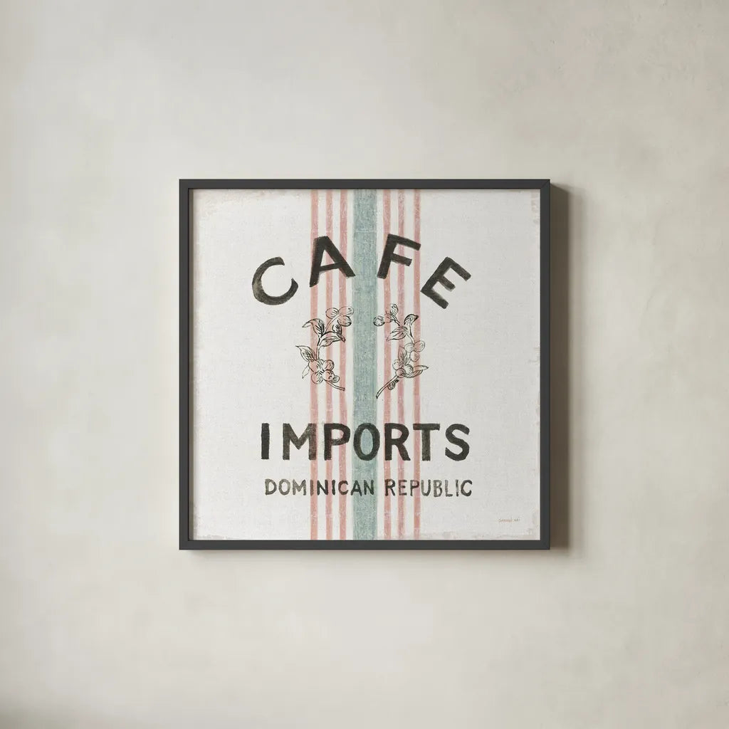 Wake Me Up Coffee Sack II Linen by Danhui Nai. Shown in a sleek black glass frame for a contemporary gallery look. Available as an archival giclee rolled canvas, fine art paper, or poster print. SKU 61328a.