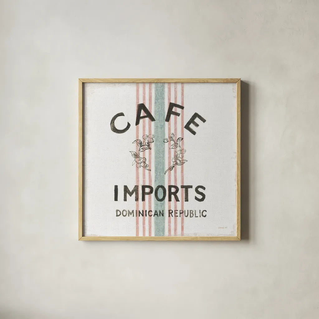 Wake Me Up Coffee Sack II Linen by Danhui Nai. Shown in a natural wood glass frame for a timeless modern aesthetic. Available as an archival giclee rolled canvas, fine art paper, or poster print. SKU 61328a.