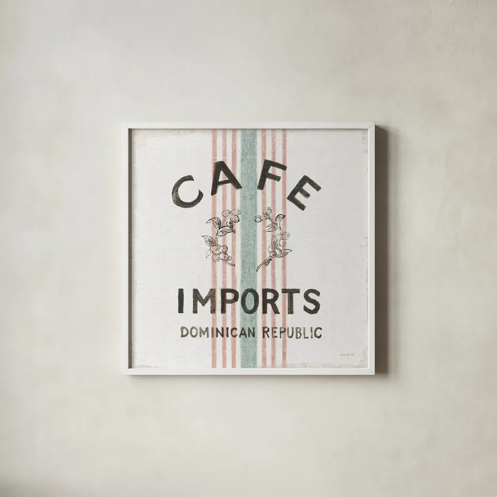 Wake Me Up Coffee Sack II Linen by Danhui Nai. Shown in a crisp white glass frame for a clean and minimalist style. Available as an archival giclee rolled canvas, fine art paper, or poster print. SKU 61328a.
