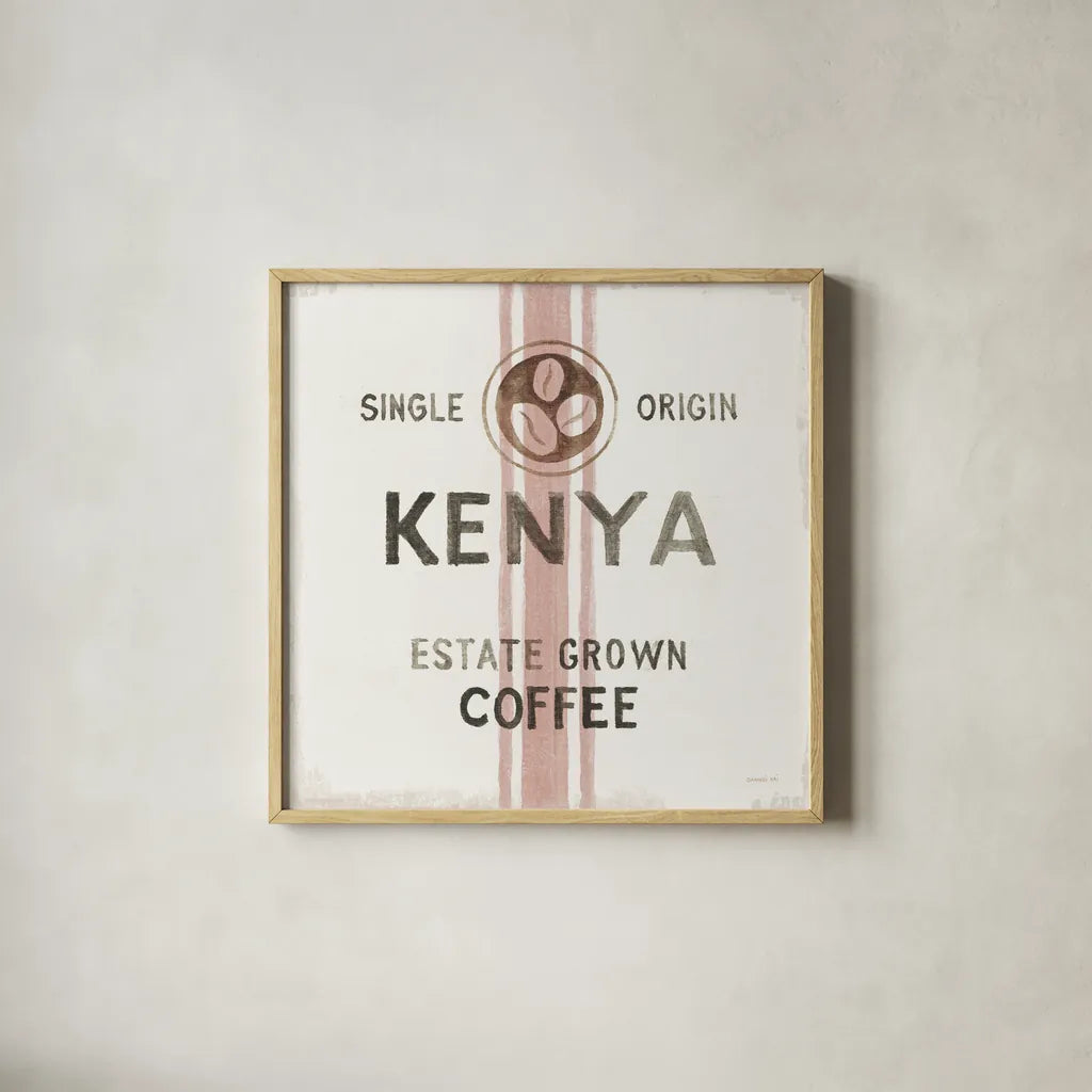 Wake Me Up Coffee Sack IV by Danhui Nai. Shown in a natural wood glass frame for a timeless modern aesthetic. Available as an archival giclee rolled canvas, fine art paper, or poster print. SKU 58862a.