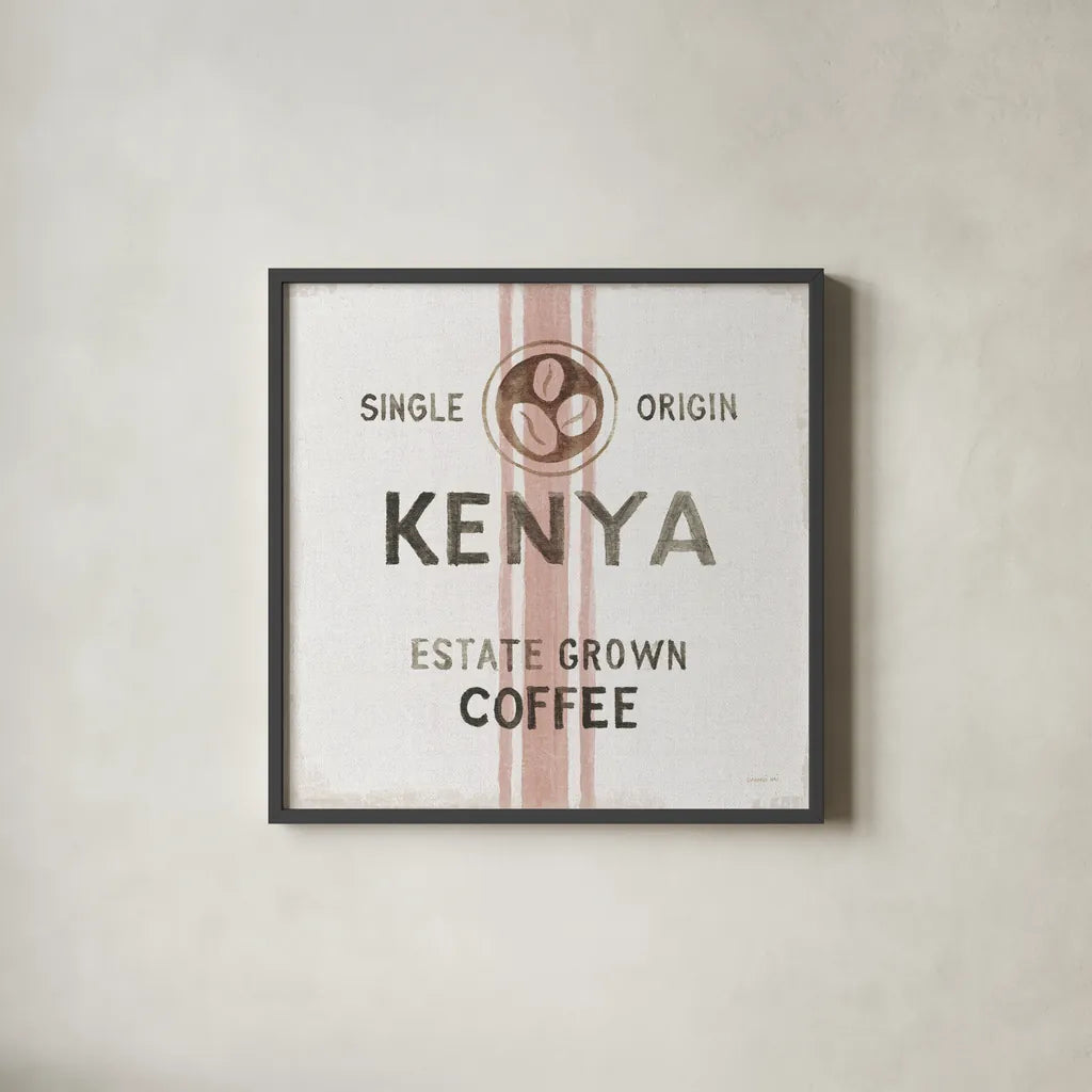 Wake Me Up Coffee Sack IV Linen by Danhui Nai. Shown in a sleek black glass frame for a contemporary gallery look. Available as an archival giclee rolled canvas, fine art paper, or poster print. SKU 61330a.