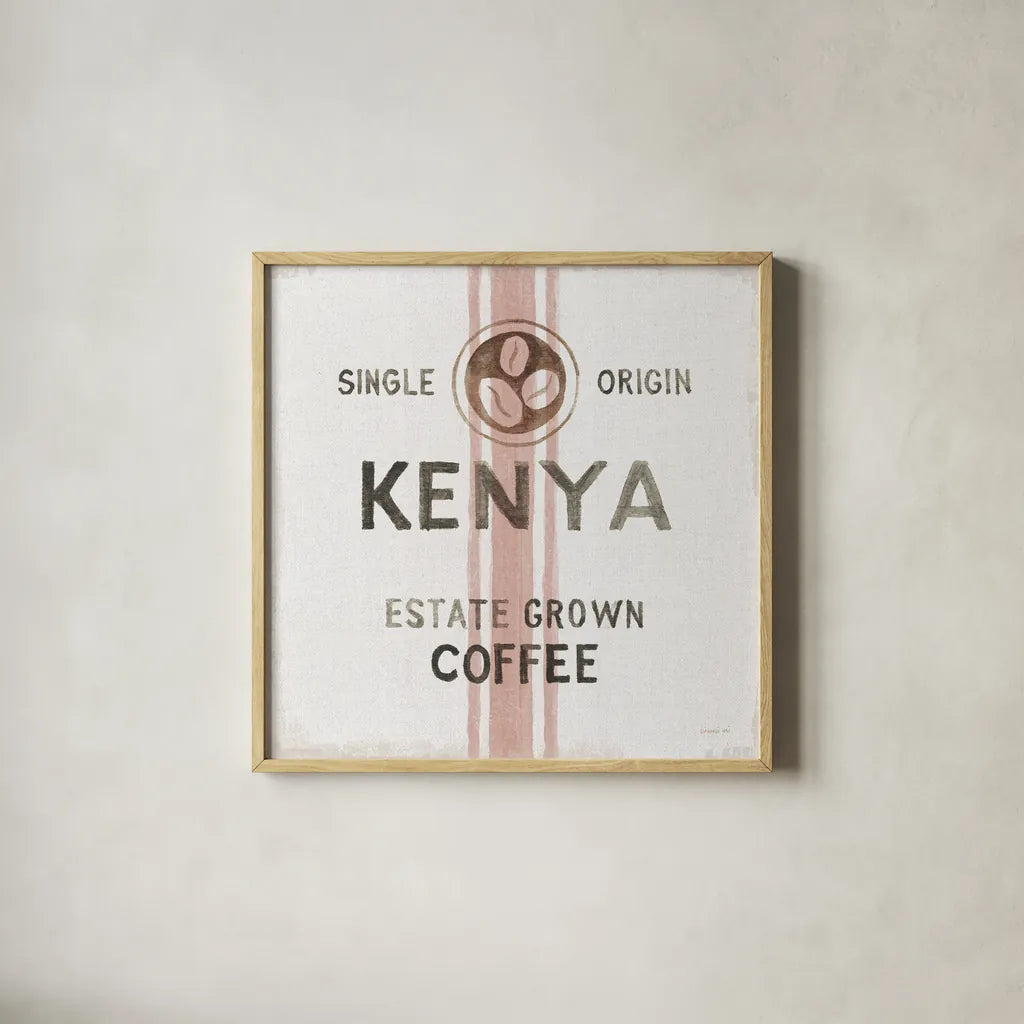 Wake Me Up Coffee Sack IV Linen by Danhui Nai. Shown in a natural wood glass frame for a timeless modern aesthetic. Available as an archival giclee rolled canvas, fine art paper, or poster print. SKU 61330a.