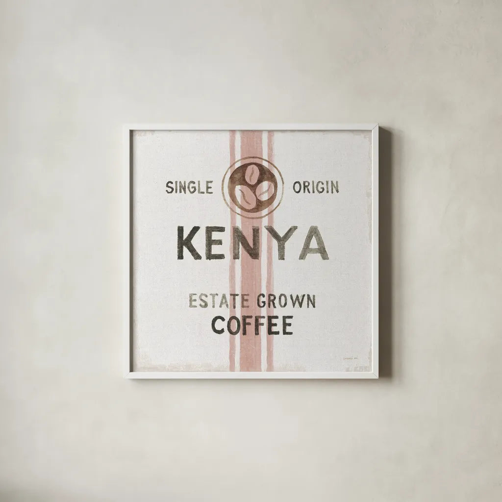 Wake Me Up Coffee Sack IV Linen by Danhui Nai. Shown in a crisp white glass frame for a clean and minimalist style. Available as an archival giclee rolled canvas, fine art paper, or poster print. SKU 61330a.