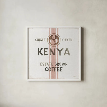 Wake Me Up Coffee Sack IV Linen by Danhui Nai. Shown in a crisp white glass frame for a clean and minimalist style. Available as an archival giclee rolled canvas, fine art paper, or poster print. SKU 61330a.