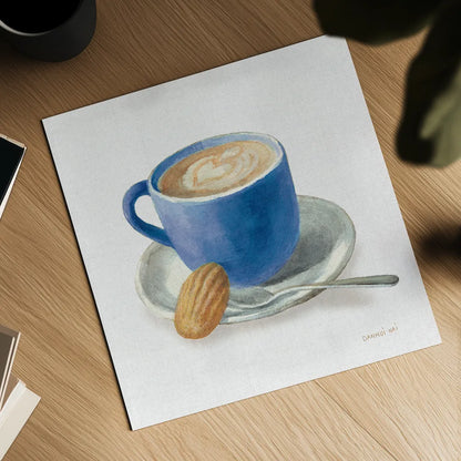 Wake Up Coffee I Linen Classic Blue by Danhui Nai. Shown as a detailed flat fine art print, highlighting archival giclee quality. Available as an archival giclee rolled canvas, fine art paper, or poster print. SKU 63064a.