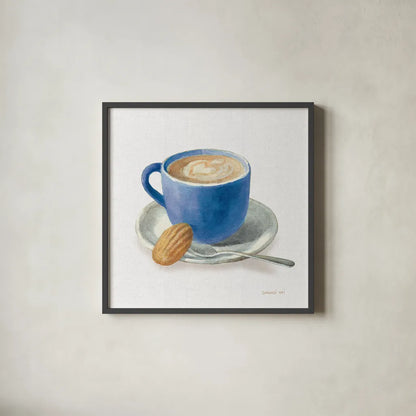 Wake Up Coffee I Linen Classic Blue by Danhui Nai. Shown in a sleek black glass frame for a contemporary gallery look. Available as an archival giclee rolled canvas, fine art paper, or poster print. SKU 63064a.