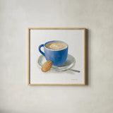 Wake Up Coffee I Linen Classic Blue by Danhui Nai. Shown in a natural wood glass frame for a timeless modern aesthetic. Available as an archival giclee rolled canvas, fine art paper, or poster print. SKU 63064a.