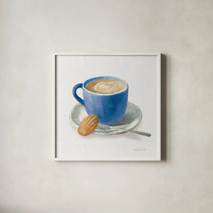 Wake Up Coffee I Linen Classic Blue by Danhui Nai. Shown in a crisp white glass frame for a clean and minimalist style. Available as an archival giclee rolled canvas, fine art paper, or poster print. SKU 63064a.