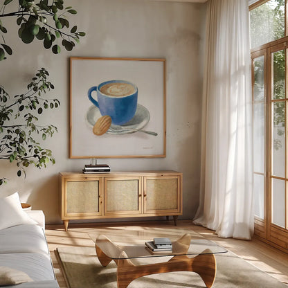 Wake Up Coffee I Linen Classic Blue by Danhui Nai. Shown in a natural wood frame in a cozy modern living room. Available as an archival giclee rolled canvas, fine art paper, or poster print. SKU 63064a.