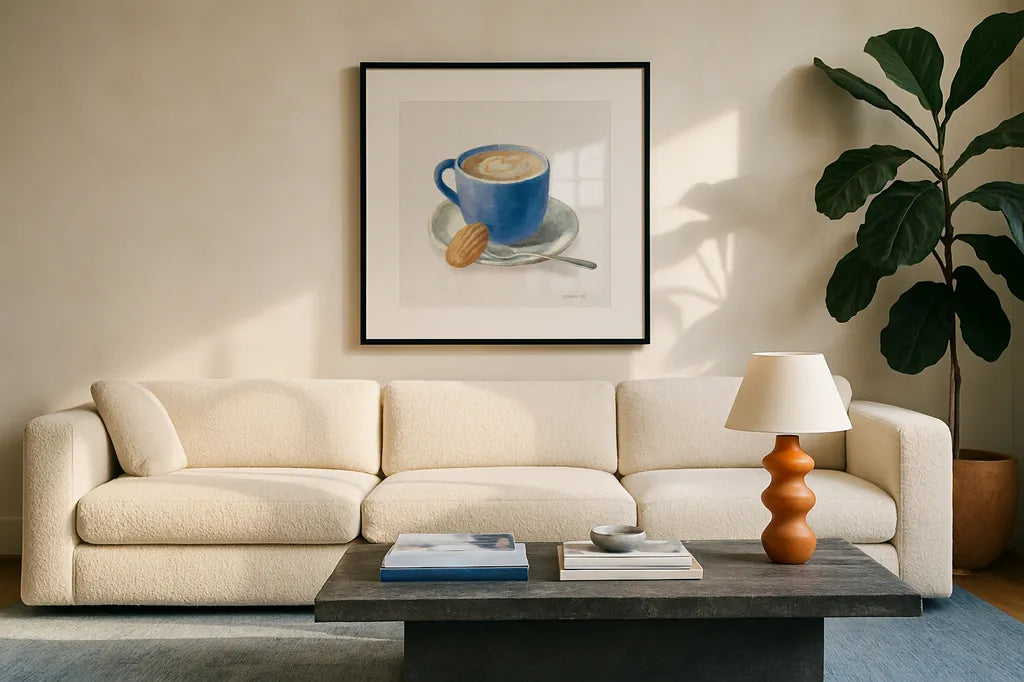 Wake Up Coffee I Linen Classic Blue by Danhui Nai. Displayed in a glass frame with matte in a clean modern living room. Available as an archival giclee rolled canvas, fine art paper, or poster print. SKU 63064a.