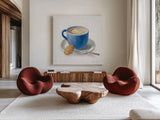 Wake Up Coffee I Linen Classic Blue by Danhui Nai. Shown as extra-large giant wall art in a modern living room. Available as an archival giclee rolled canvas, fine art paper, or poster print. SKU 63064a.