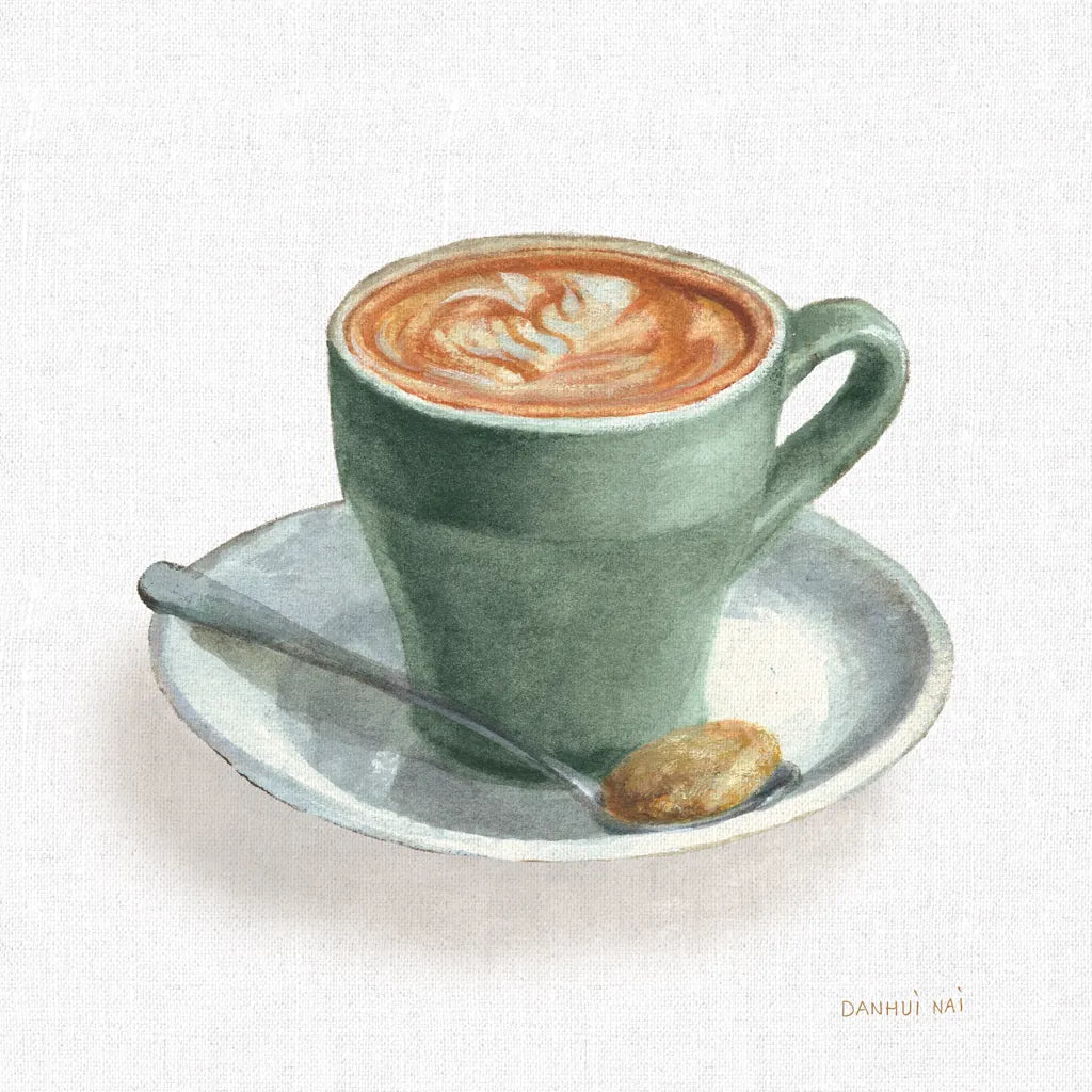 Wake Up Coffee II Linen Sage by Danhui Nai. SKU 63065a. Archival Giclee Fine art print for wall decor.