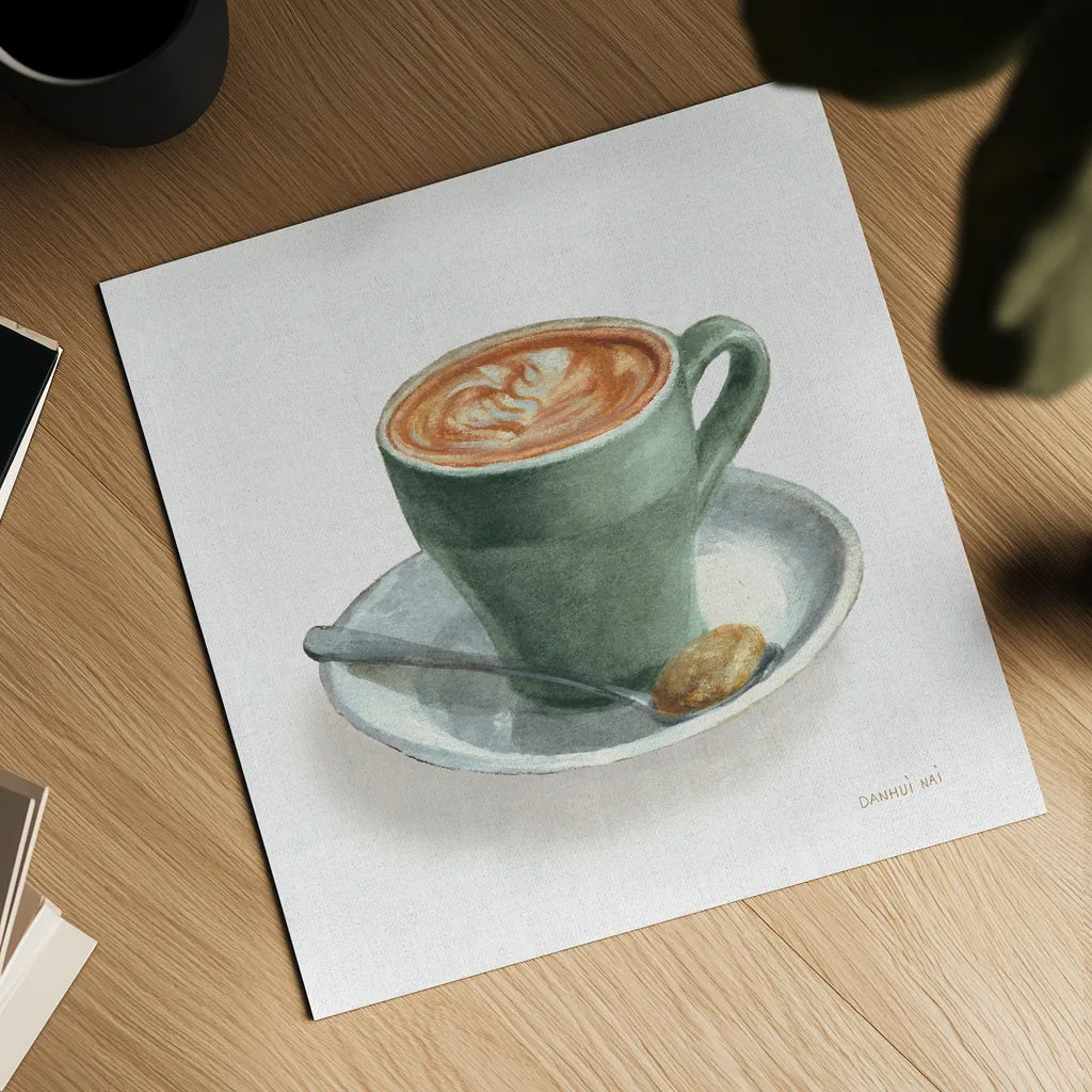 Wake Up Coffee II Linen Sage by Danhui Nai. Shown as a detailed flat fine art print, highlighting archival giclee quality. Available as an archival giclee rolled canvas, fine art paper, or poster print. SKU 63065a.