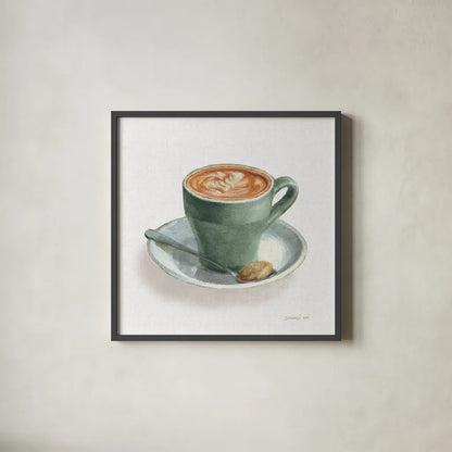Wake Up Coffee II Linen Sage by Danhui Nai. Shown in a sleek black glass frame for a contemporary gallery look. Available as an archival giclee rolled canvas, fine art paper, or poster print. SKU 63065a.