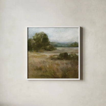 Warm Bay Trail by Danhui Nai. Shown in a crisp white glass frame for a clean and minimalist style. Available as an archival giclee rolled canvas, fine art paper, or poster print. SKU 85391a.