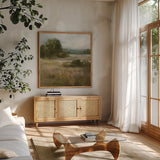 Warm Bay Trail by Danhui Nai. Shown in a natural wood frame in a cozy modern living room. Available as an archival giclee rolled canvas, fine art paper, or poster print. SKU 85391a.