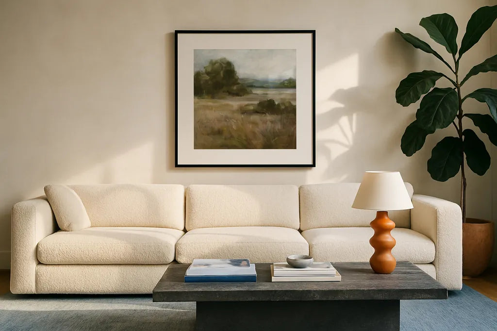 Warm Bay Trail by Danhui Nai. Displayed in a glass frame with matte in a clean modern living room. Available as an archival giclee rolled canvas, fine art paper, or poster print. SKU 85391a.