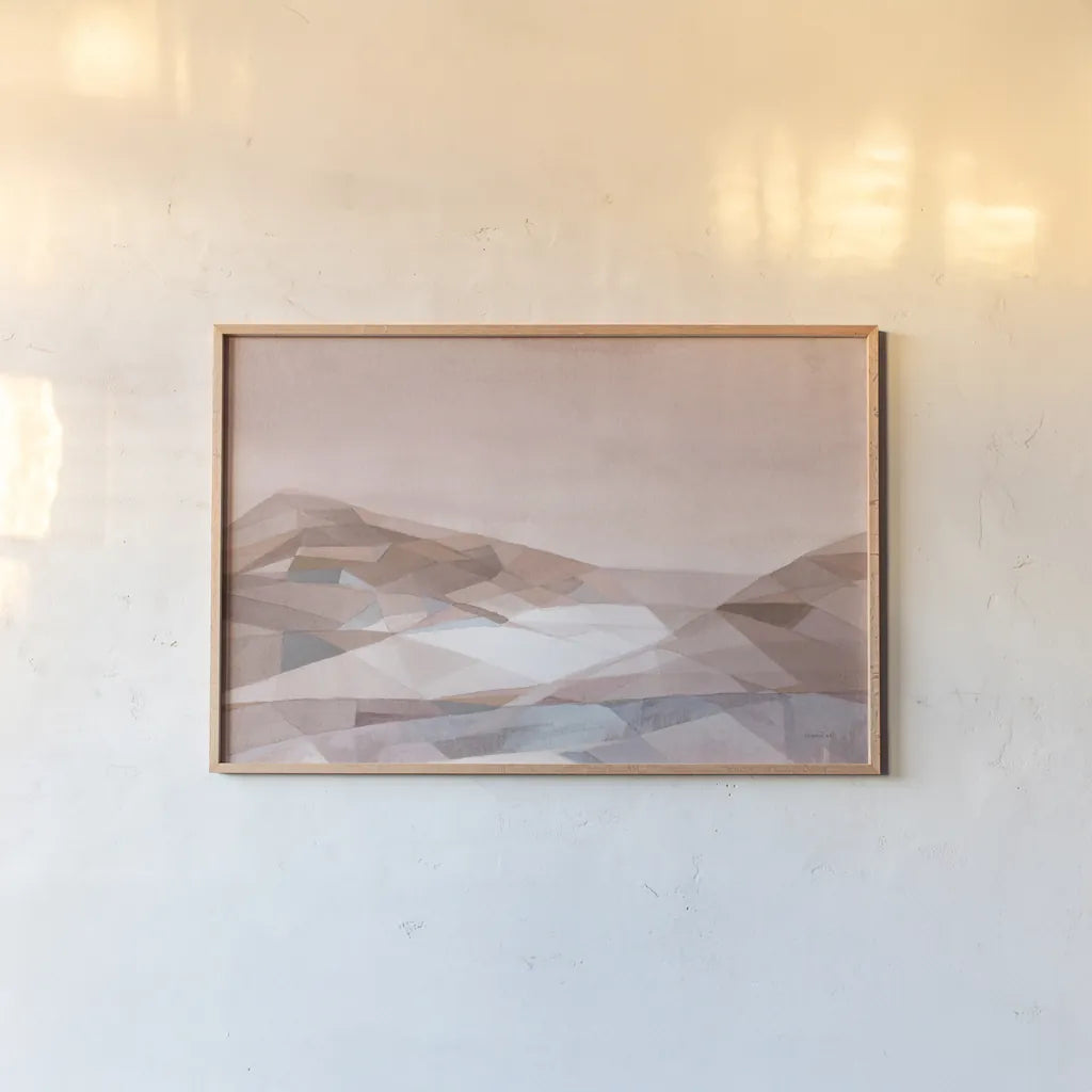 Warm Geometric Mountain by Danhui Nai. shown as a paper print in a natural frame. Available as a archival giclee rolled canvas, fine art paper, or poster print. SKU 72047i.