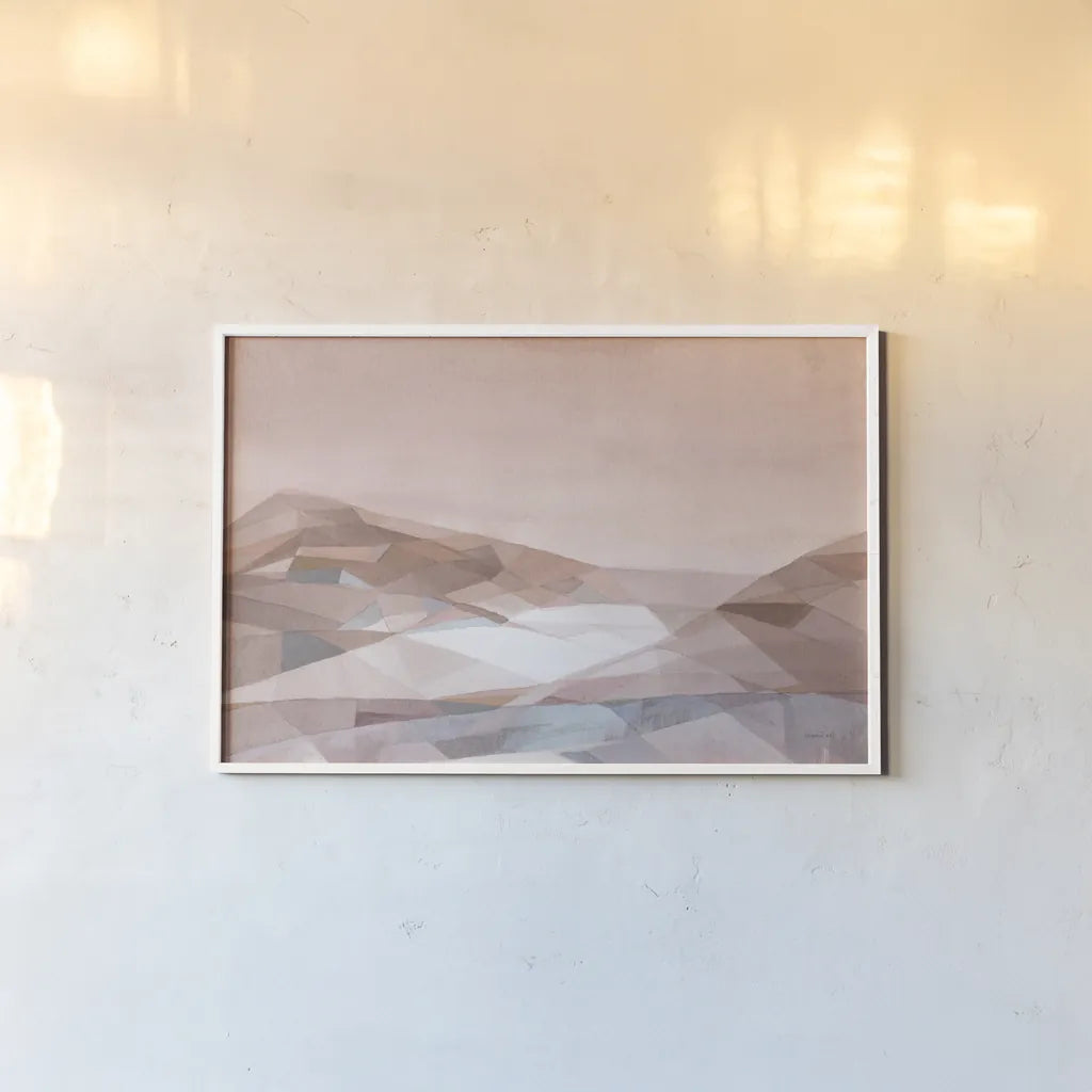 Warm Geometric Mountain by Danhui Nai. shown as a paper print in a white frame. Available as a archival giclee rolled canvas, fine art paper, or poster print. SKU 72047i.
