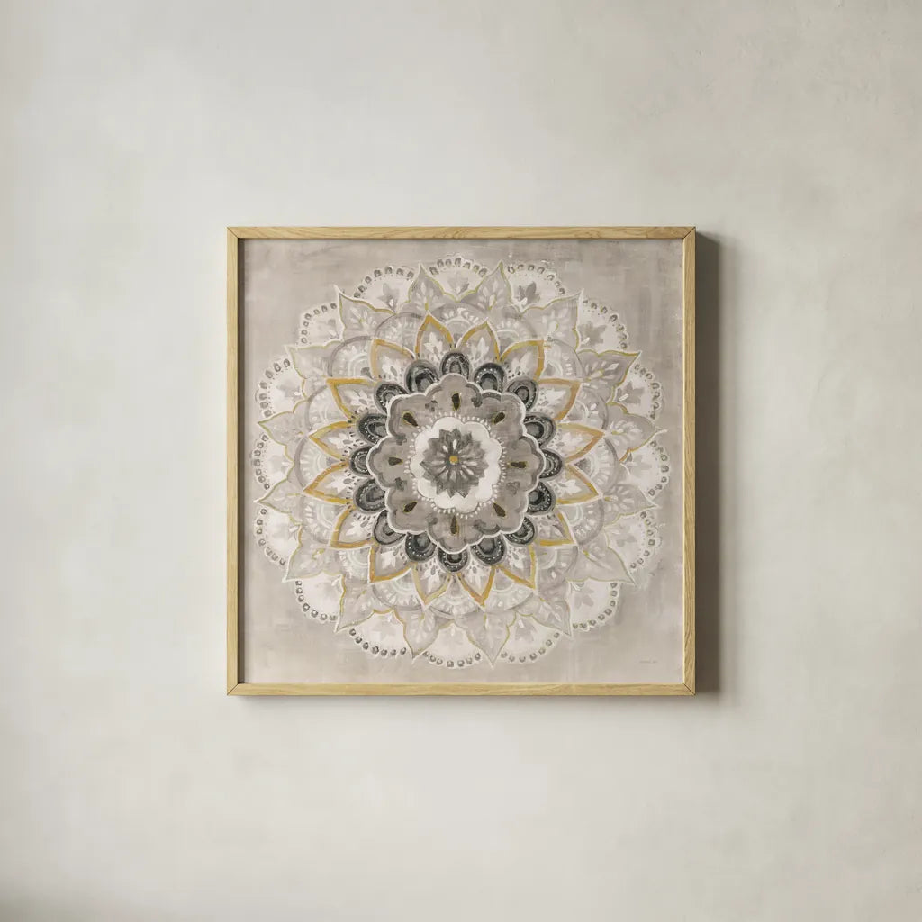 Warm Sunburst by Danhui Nai. Shown in a natural wood glass frame for a timeless modern aesthetic. Available as an archival giclee rolled canvas, fine art paper, or poster print. SKU 66483a.