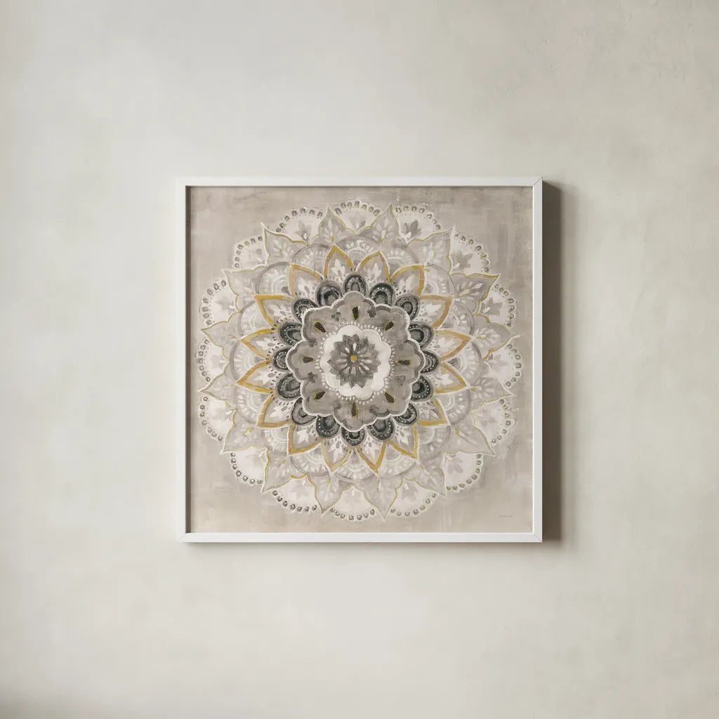 Warm Sunburst by Danhui Nai. Shown in a crisp white glass frame for a clean and minimalist style. Available as an archival giclee rolled canvas, fine art paper, or poster print. SKU 66483a.