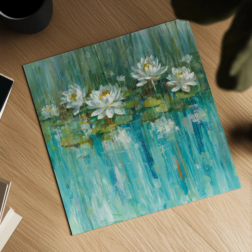 Water Lily Pond by Danhui Nai. Shown as a detailed flat fine art print, highlighting archival giclee quality. Available as an archival giclee rolled canvas, fine art paper, or poster print. SKU 28387a.