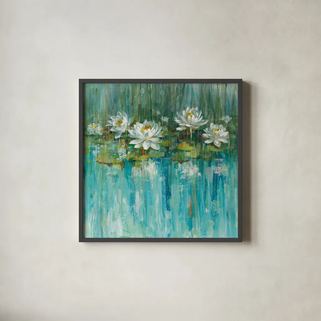 Water Lily Pond by Danhui Nai. Shown in a sleek black glass frame for a contemporary gallery look. Available as an archival giclee rolled canvas, fine art paper, or poster print. SKU 28387a.
