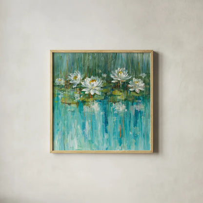 Water Lily Pond by Danhui Nai. Shown in a natural wood glass frame for a timeless modern aesthetic. Available as an archival giclee rolled canvas, fine art paper, or poster print. SKU 28387a.