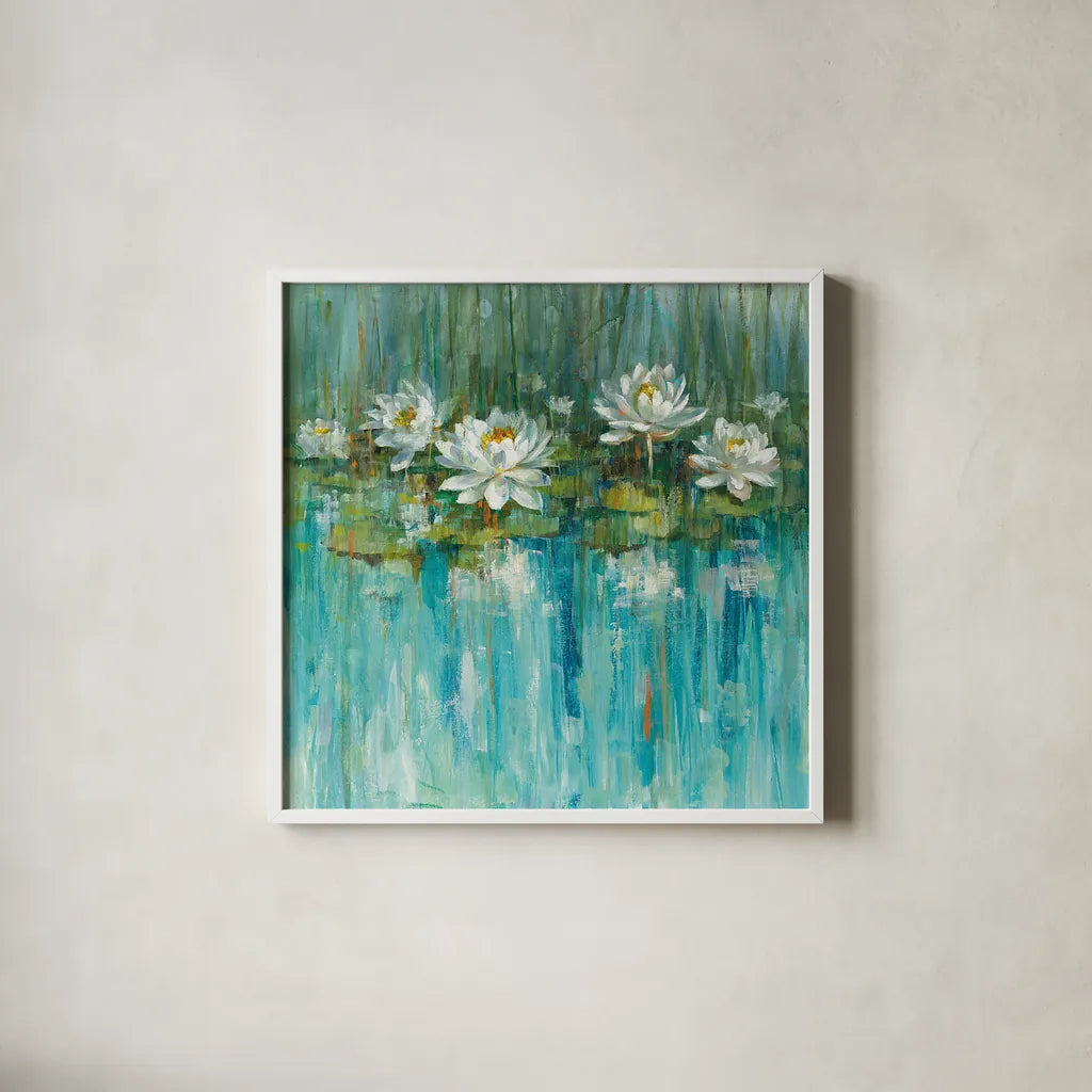 Water Lily Pond by Danhui Nai. Shown in a crisp white glass frame for a clean and minimalist style. Available as an archival giclee rolled canvas, fine art paper, or poster print. SKU 28387a.