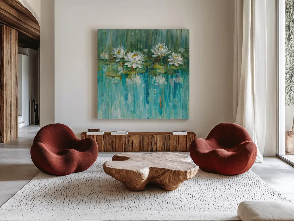 Water Lily Pond by Danhui Nai. Shown as extra-large giant wall art in a modern living room. Available as an archival giclee rolled canvas, fine art paper, or poster print. SKU 28387a.