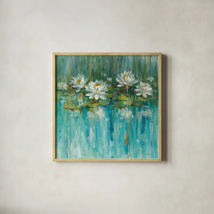 Water Lily Pond v2 by Danhui Nai. Shown in a natural wood glass frame for a timeless modern aesthetic. Available as an archival giclee rolled canvas, fine art paper, or poster print. SKU 29069a.
