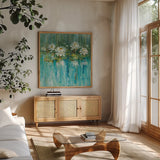 Water Lily Pond v2 by Danhui Nai. Shown in a natural wood frame in a cozy modern living room. Available as an archival giclee rolled canvas, fine art paper, or poster print. SKU 29069a.