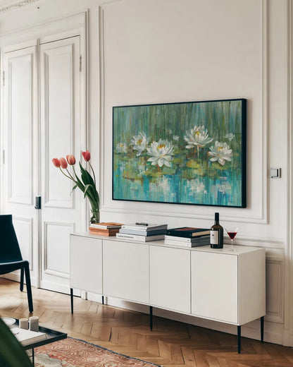 Water Lily Pond v2 Crop by Danhui Nai. shown as a framed stretched canvas in a living room above a console. Available as a archival giclee rolled canvas, fine art paper, or poster print. SKU 29069i.
