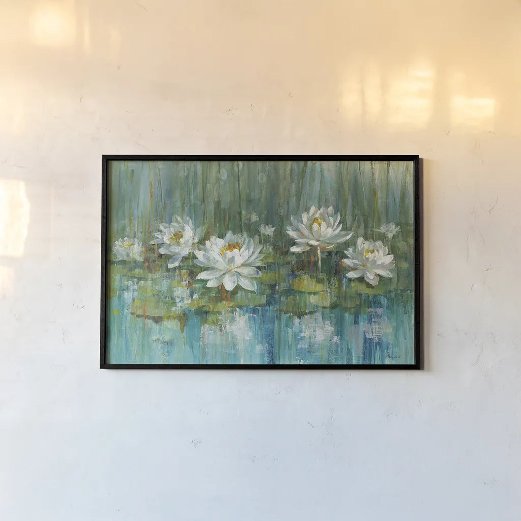 Water Lily Pond v2 Crop by Danhui Nai. shown as a paper print in a black flame. Available as a archival giclee rolled canvas, fine art paper, or poster print. SKU 29069i.