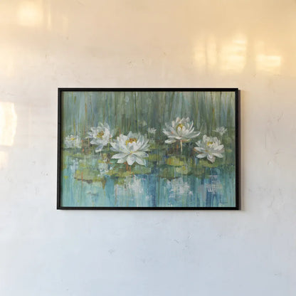 Water Lily Pond v2 Crop by Danhui Nai. shown as a paper print in a black flame. Available as a archival giclee rolled canvas, fine art paper, or poster print. SKU 29069i.