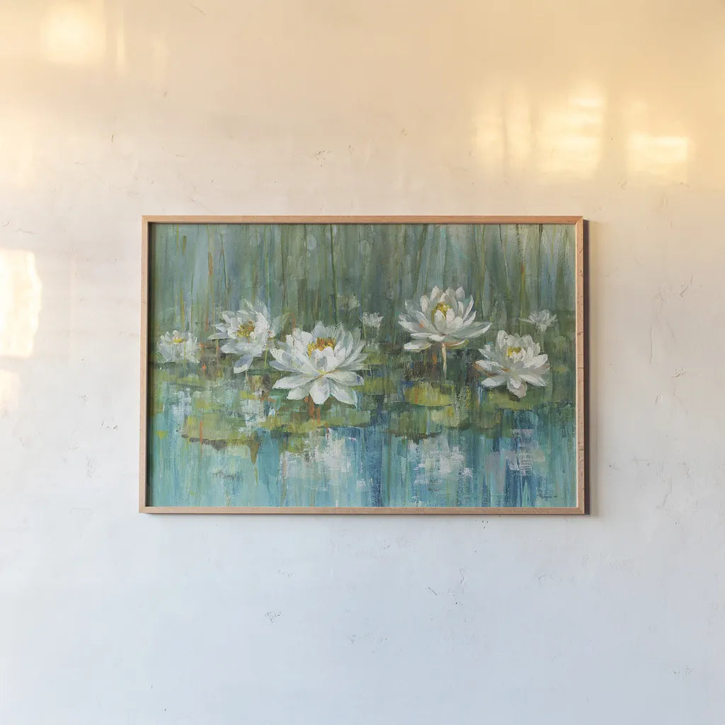 Water Lily Pond v2 Crop by Danhui Nai. shown as a paper print in a natural frame. Available as a archival giclee rolled canvas, fine art paper, or poster print. SKU 29069i.