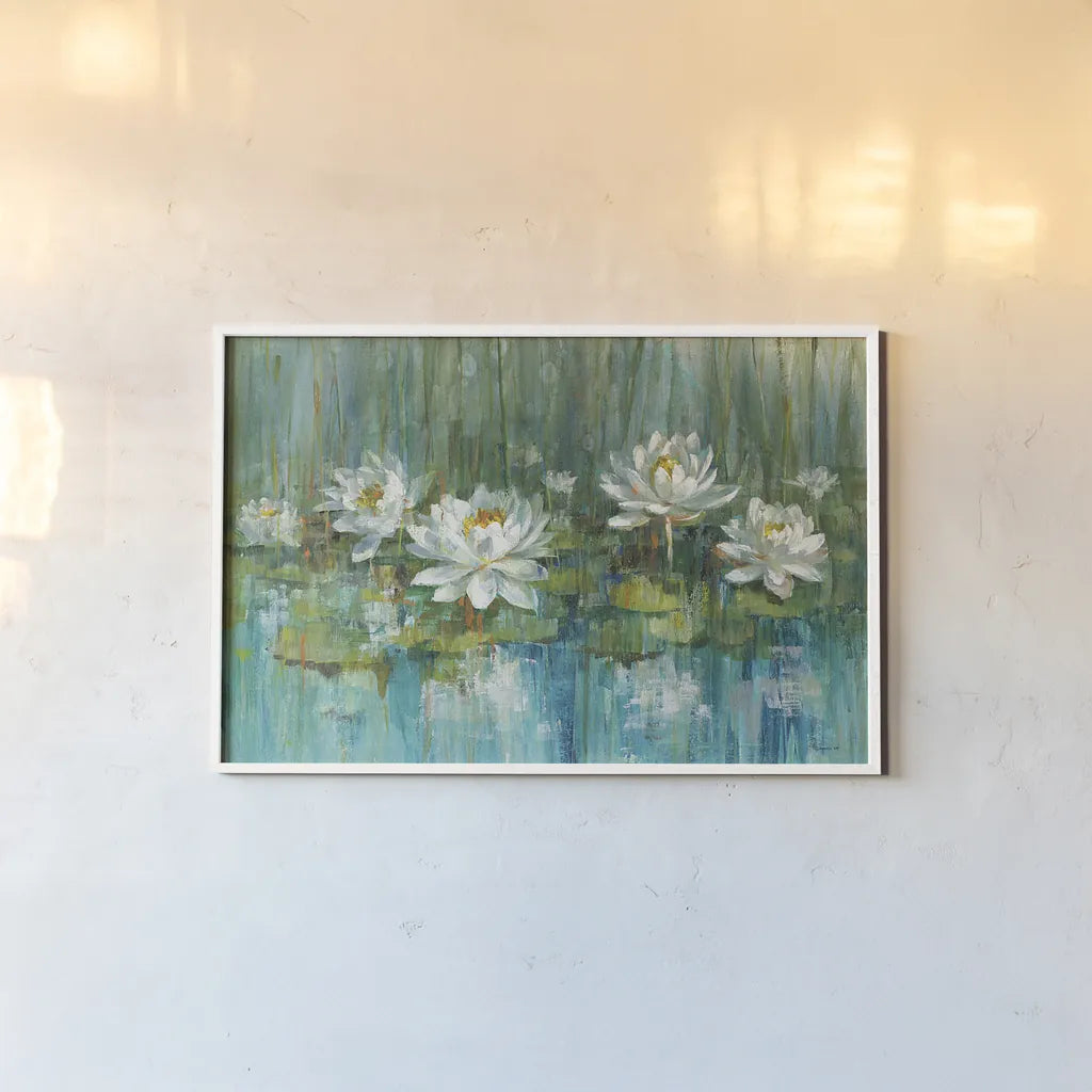 Water Lily Pond v2 Crop by Danhui Nai. shown as a paper print in a white frame. Available as a archival giclee rolled canvas, fine art paper, or poster print. SKU 29069i.